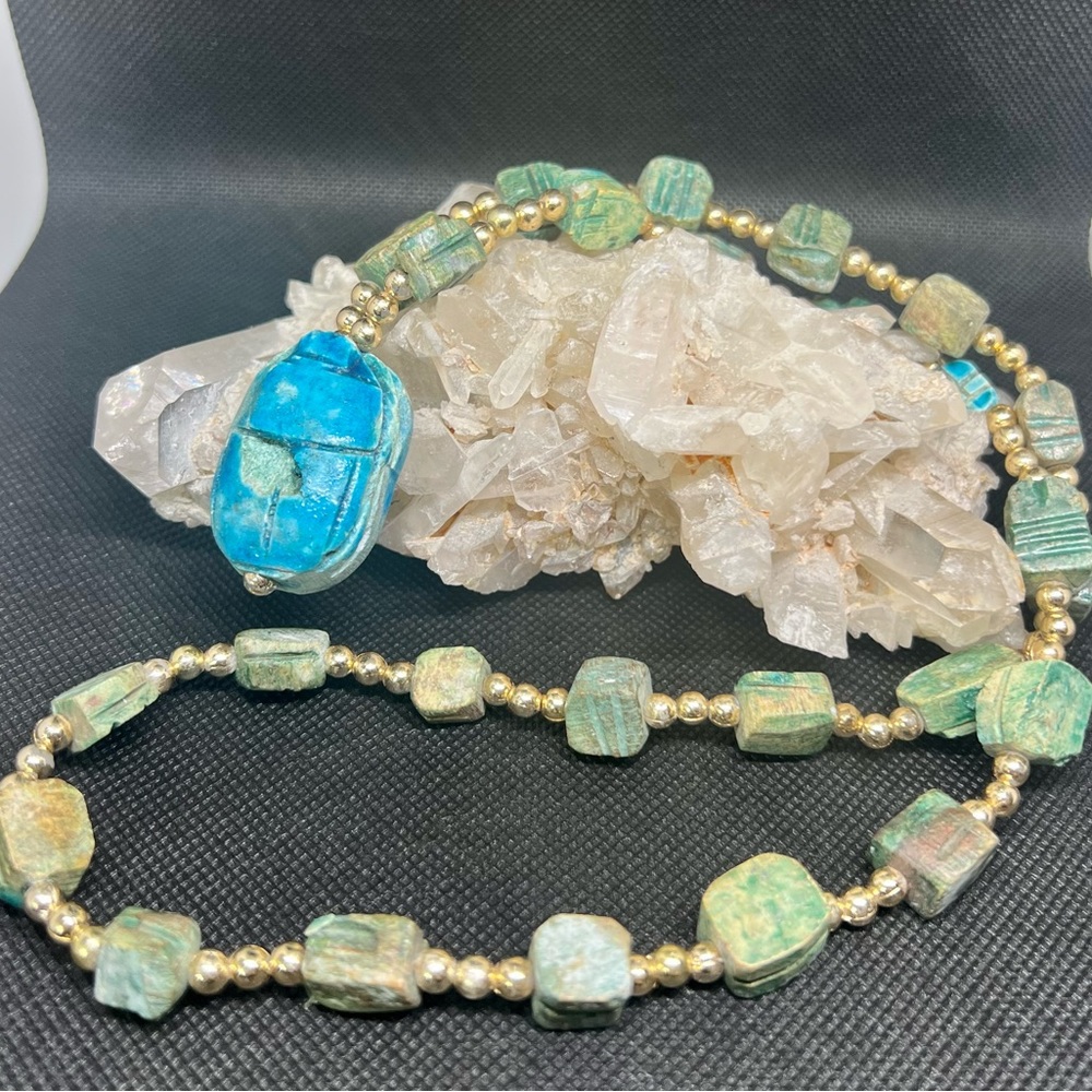 Vintage Blue Carved Soap Stone Scarab Beetle Egyptian Revival Necklace